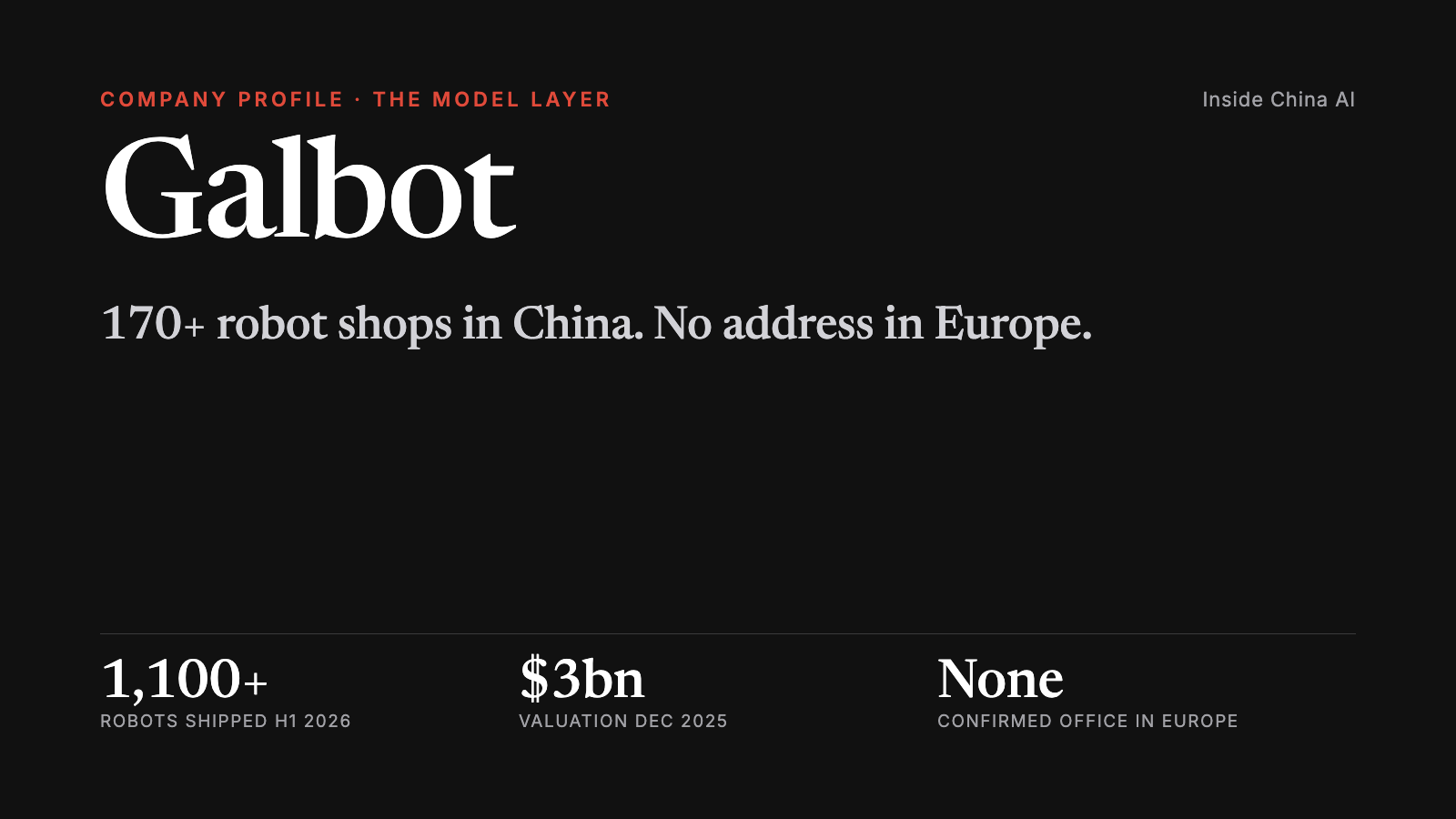 Galbot company profile: more than 170 robot shops in China, 1,100+ robots shipped in H1 2026, $3 billion valuation in December 2025, no confirmed office in Europe